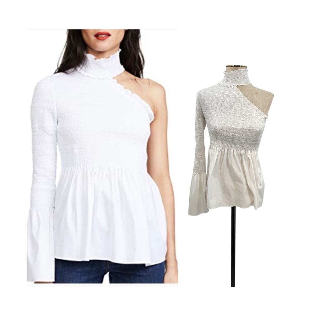 A.L.C. Cossette One Shoulder Smocked Ruffle Poplin Top White Size 0